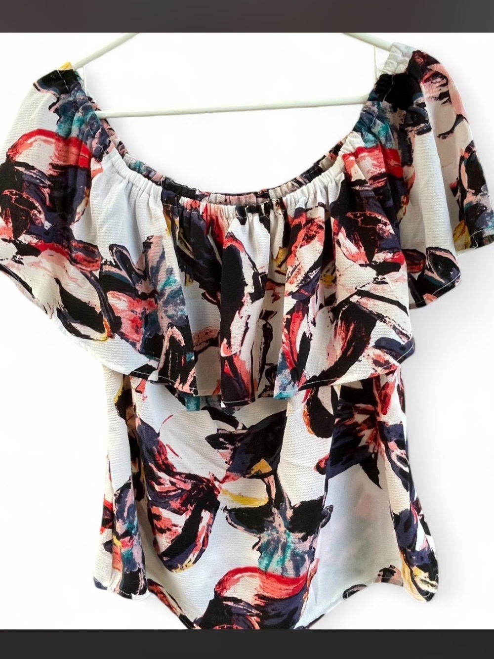 Off-Shoulder BAR III Floral Ruffle Top - White with Multi-Color Print